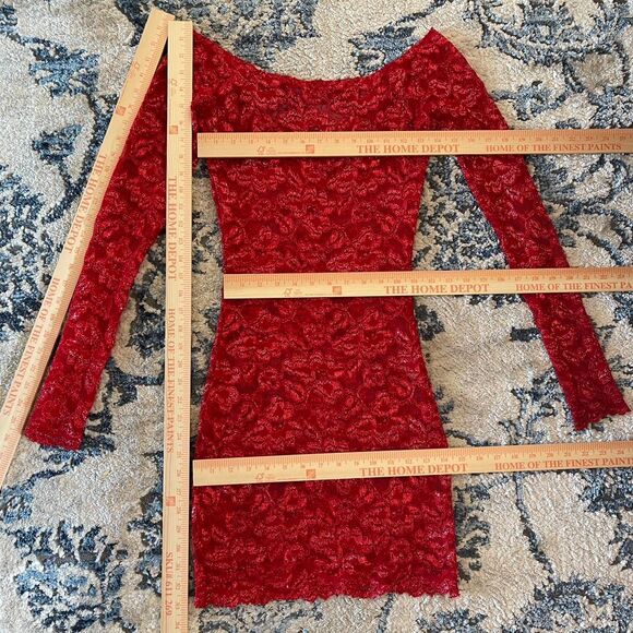 Handmade Y2K Red Glitter Sheer Lace Mini Dress Long Sleeve Bodycon Clubwear XS/S - Picture 7 of 7